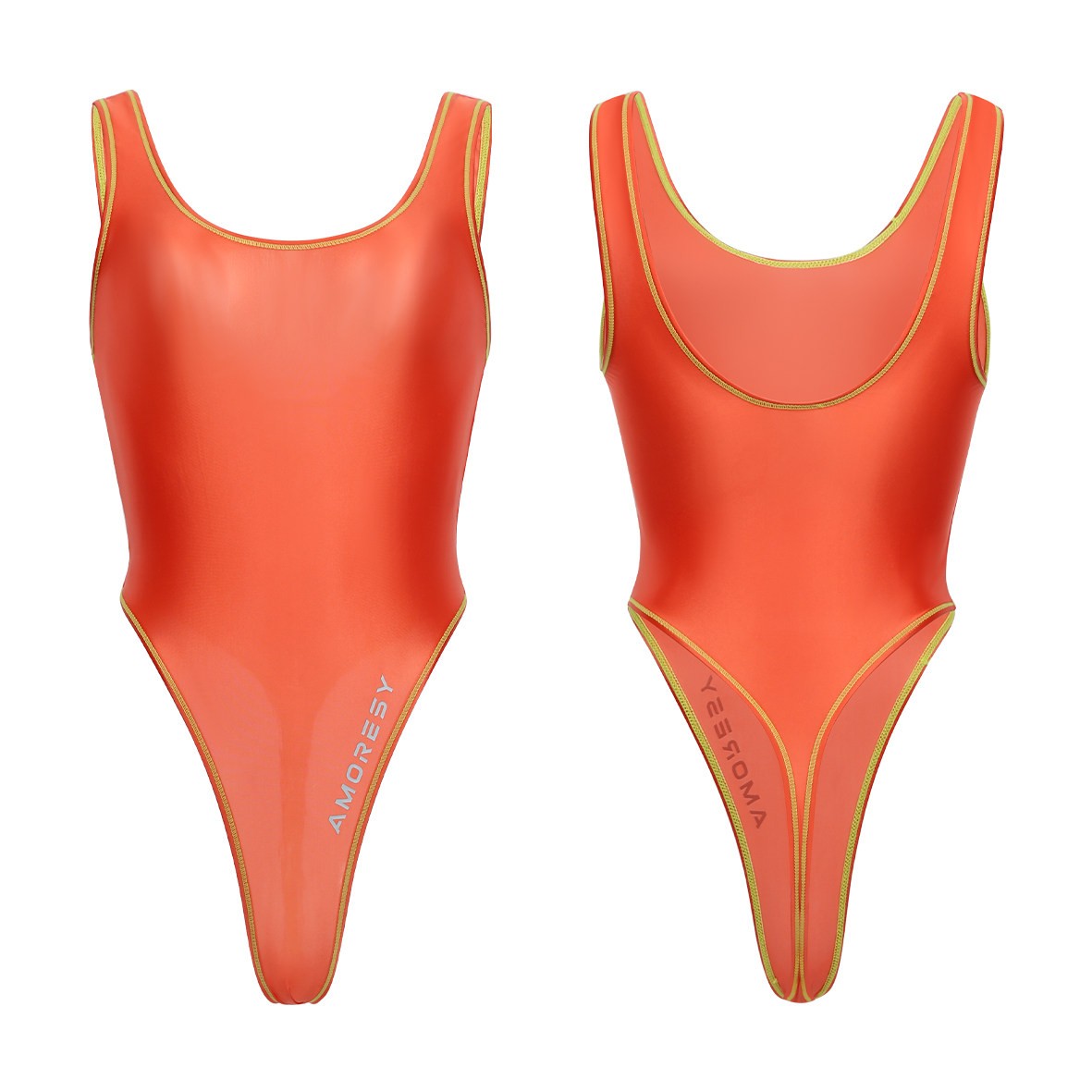 AMORESY Women See Through One Piece Swimwear High-Leg Thong Competitive Leotards
