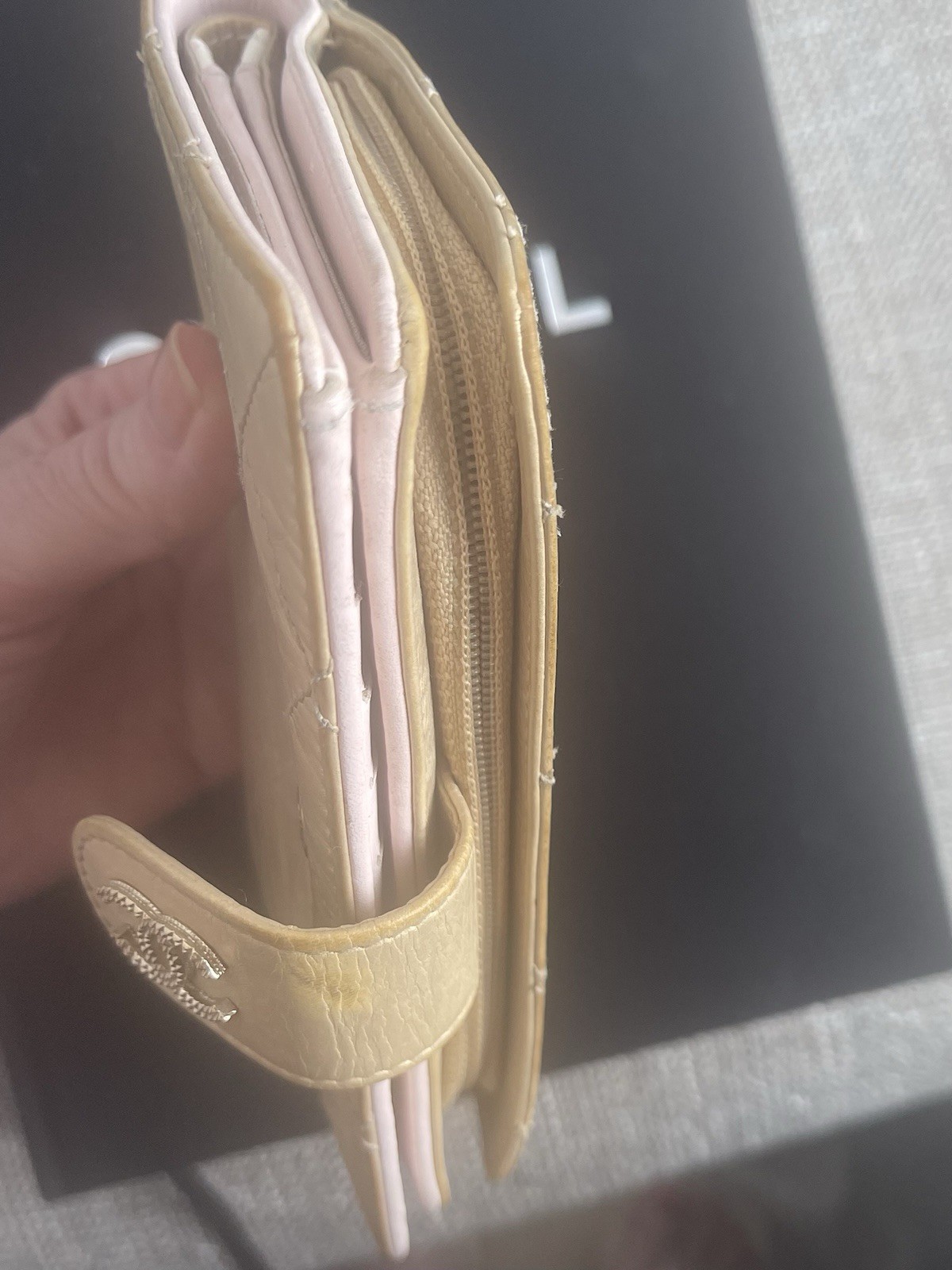 CHANEL Quilted Bifold Wallet CC Logo Snap Tab Zip Coin Pocket Gold Pink