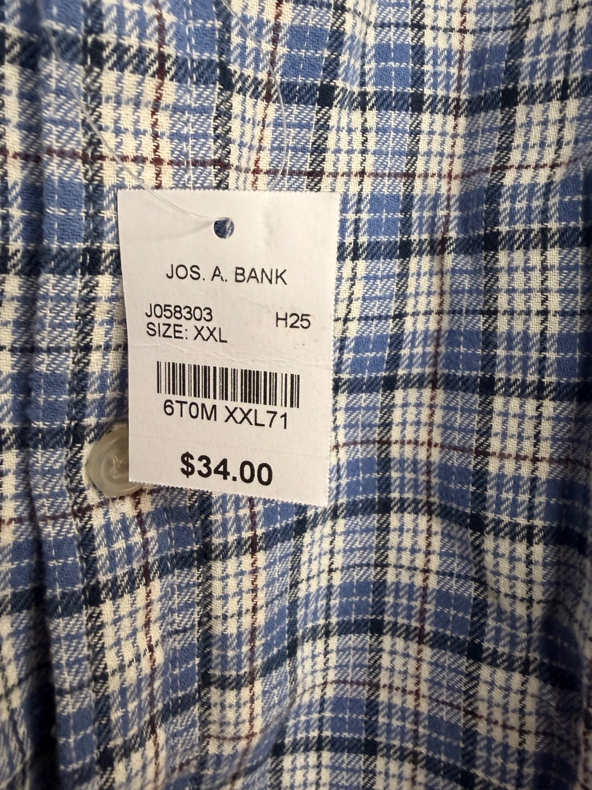 Jos A Bank 1905 Flannel Shirt Mens XXL Tailored Fit Blue Plaid Button Up NWT