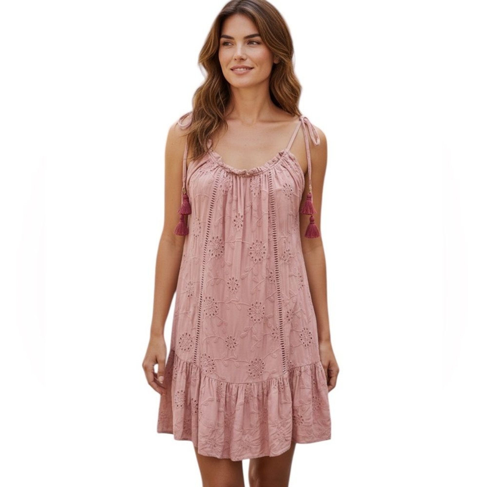 MAAJI REVOLVE MAGNOLIA BOHO EYELET CHAMPAGNE BEACH COASTAL DRESS TASSELS M