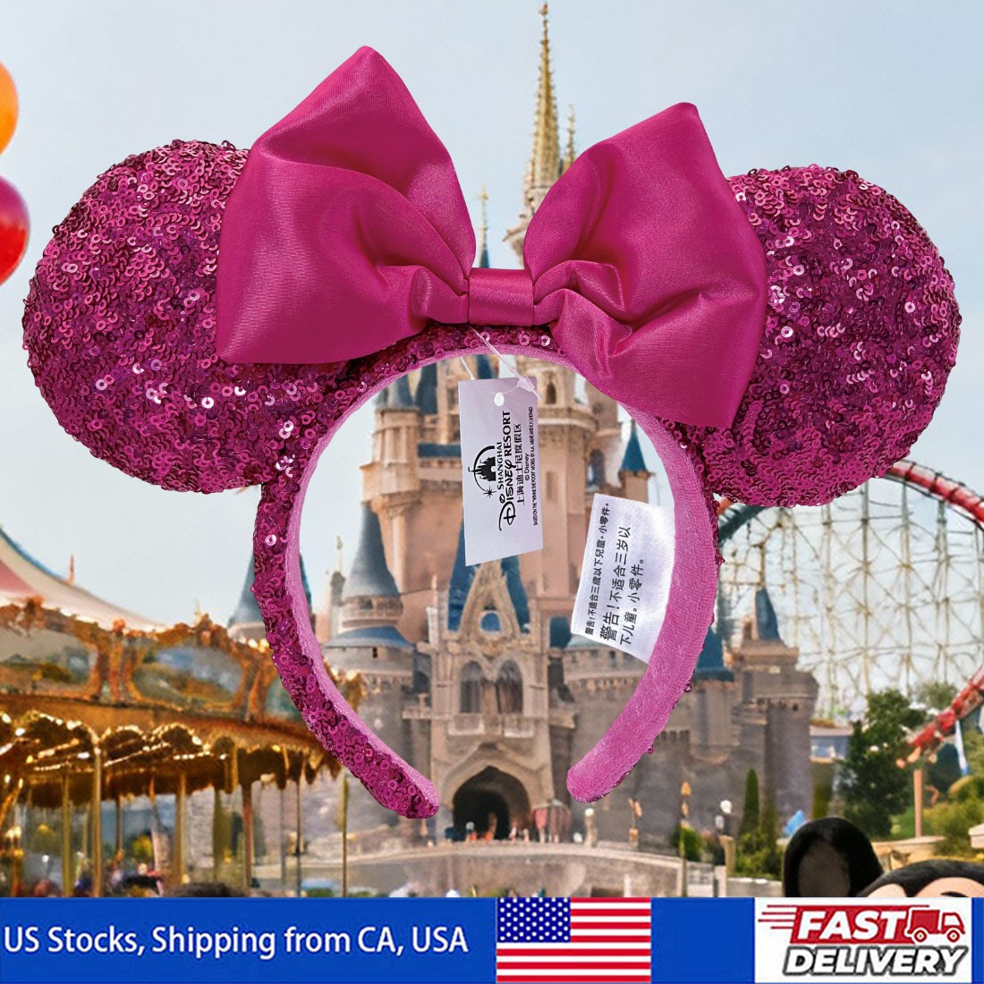 Disney-Parks Minnie Ears Hot Pink Bow Magenta Orchid Sequin Headband 2022 US