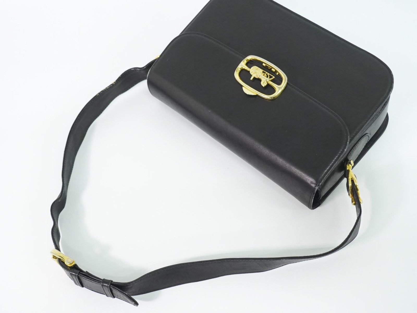 CELINE Horse Carriage Hardware Leather Shoulder Bag Black Gold