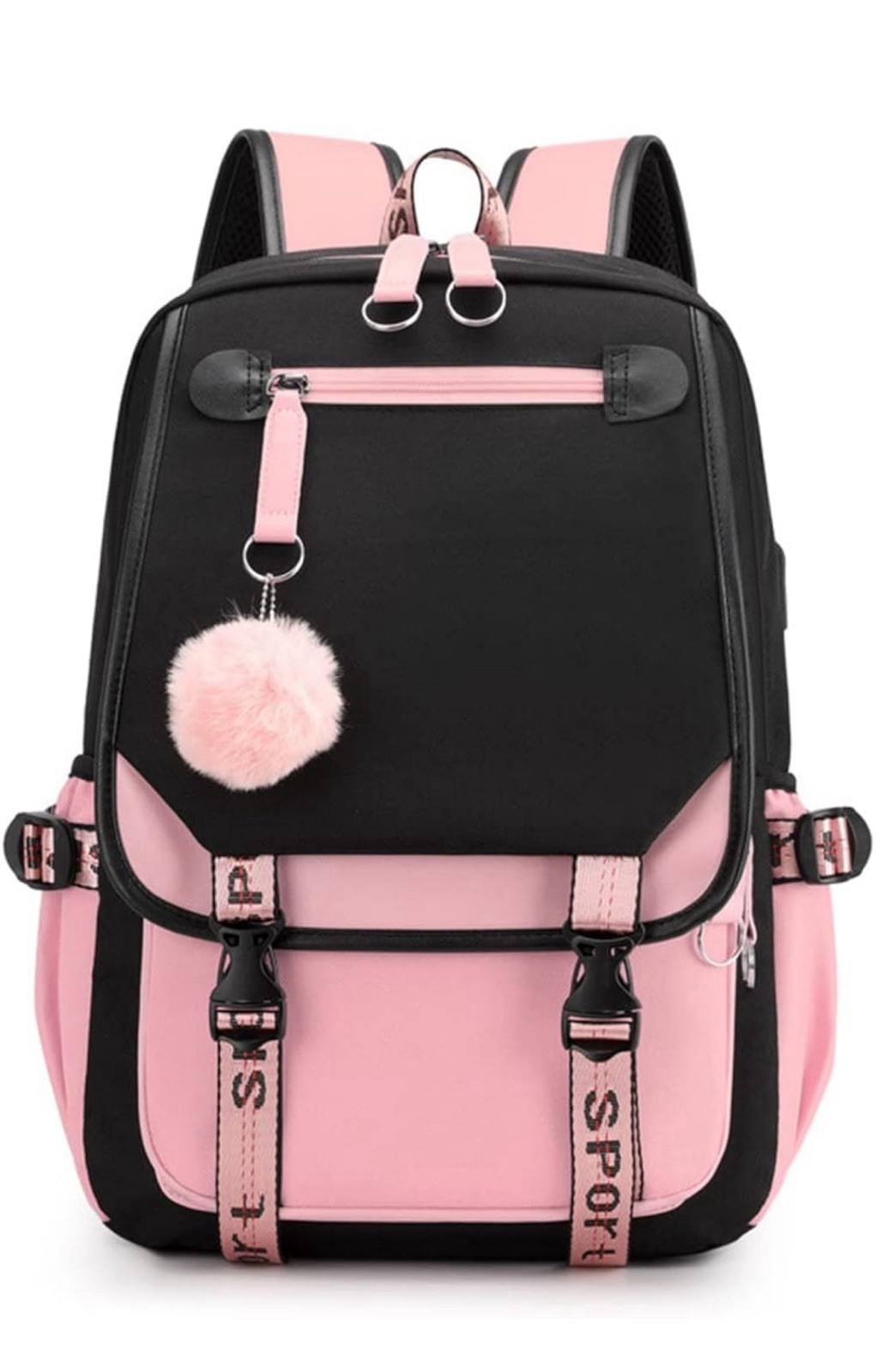 Women’s Colorblock Backpack Black Pink Zip Buckle Bag Charm Adjustable Straps