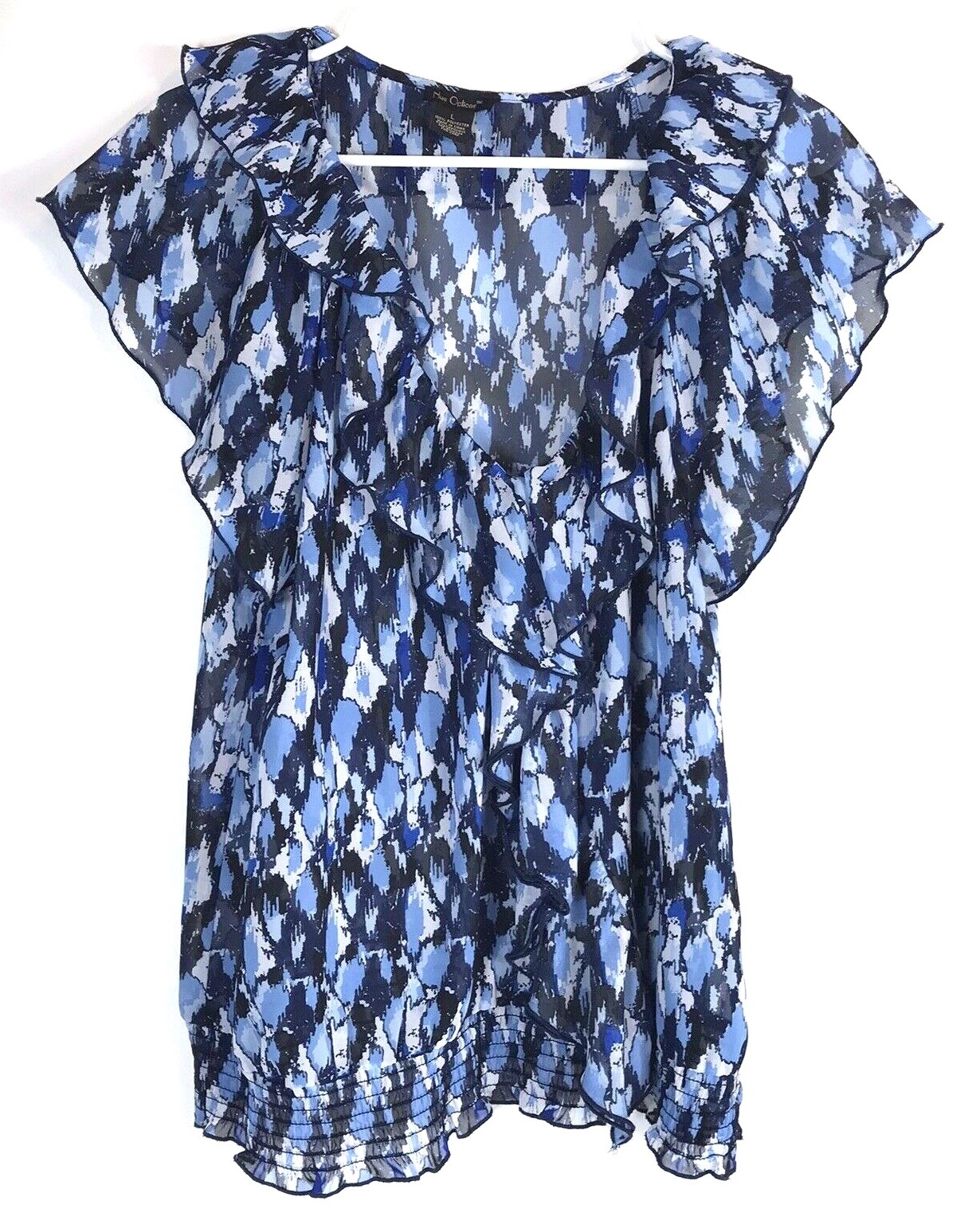 Women’s Nue Options Blue Black White Sheer Ruffle V-Neck Flutter Sleeve Size L