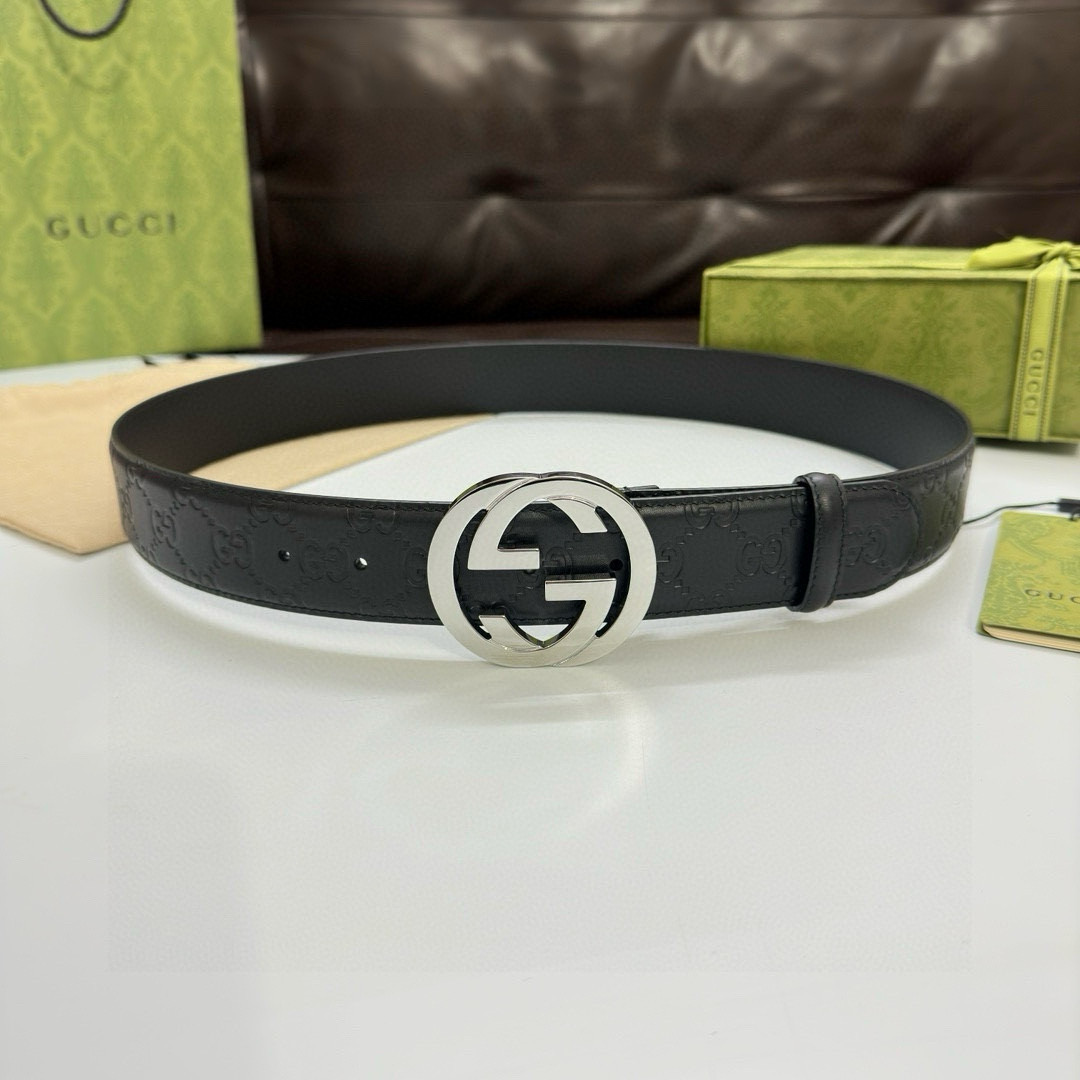 Gucci Interlocking G Buckle Embossed Leather Belt (Men’s, Silver Buckle,105cm)