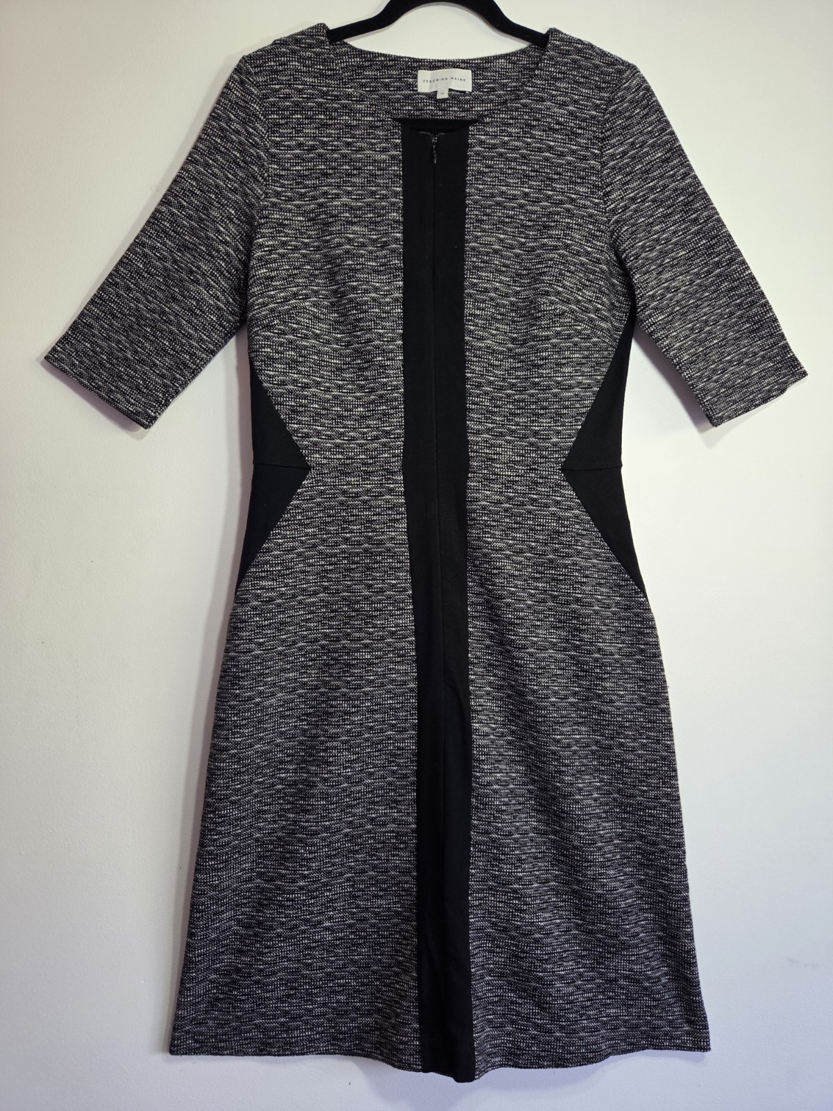 VERONIKA MAINE 10 Black Grey 3/4 Sleeve Zip Up Knee Length Tweed Shift Dress