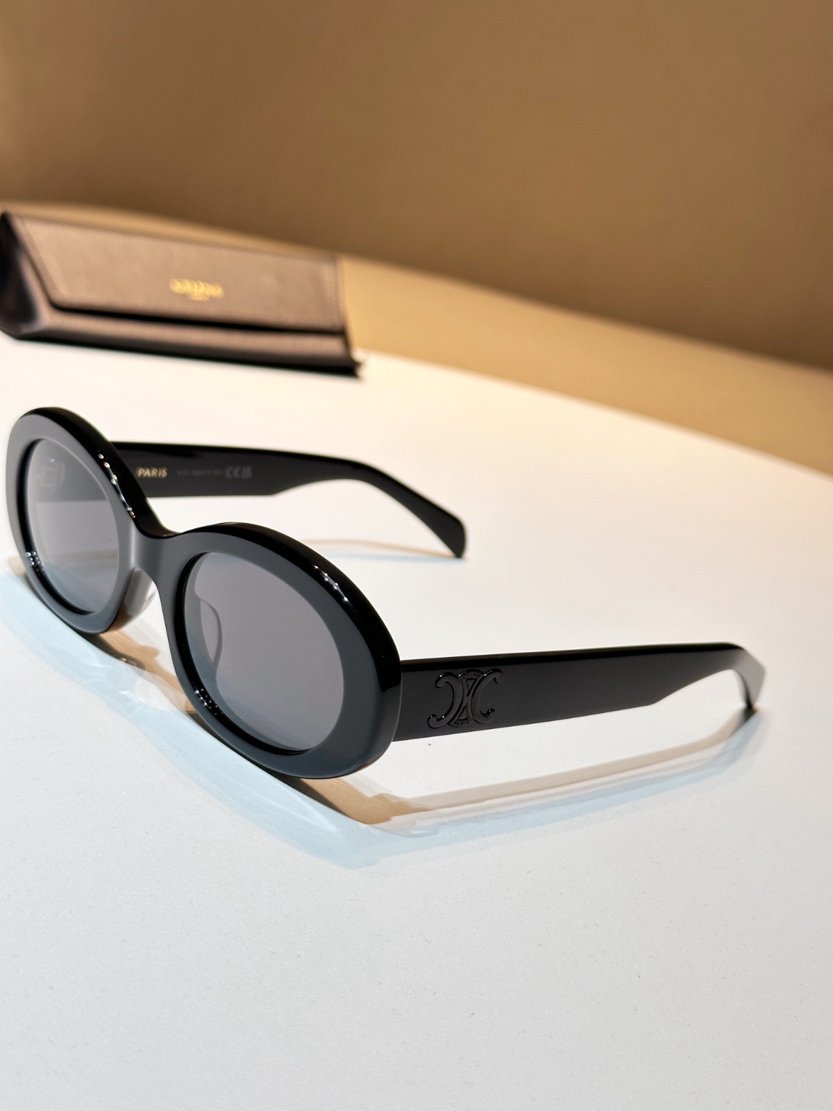 CELINE Paris Triomphe Oval Sunglasses Black Frame Black Logo Luxury