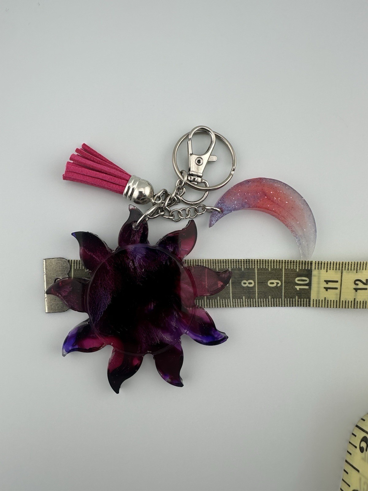 Handmade Purple Galaxy Resin Sun & Moon Keychain Tassel Celestial Bag Charm