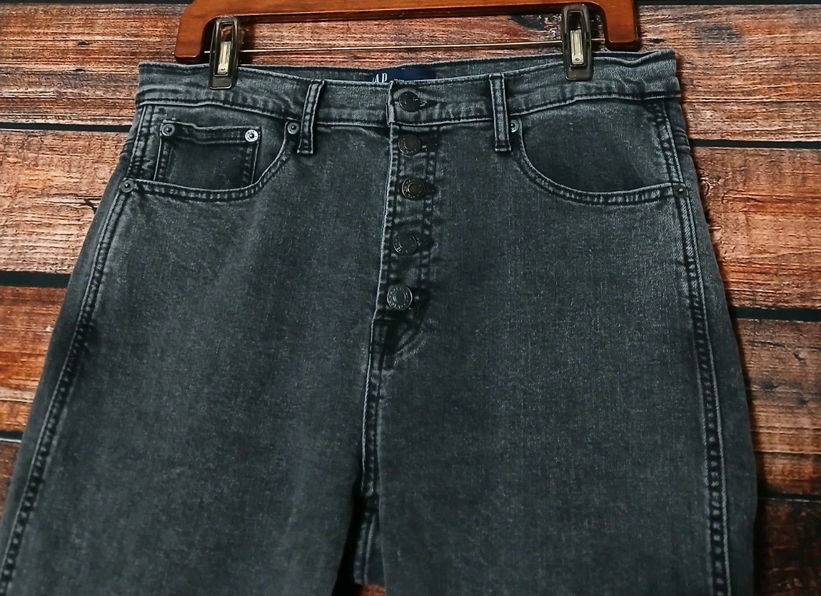 GAP Jeans 31 12 High Rise Vintage Slim Ankle Crop Button Fly Washed Black Denim