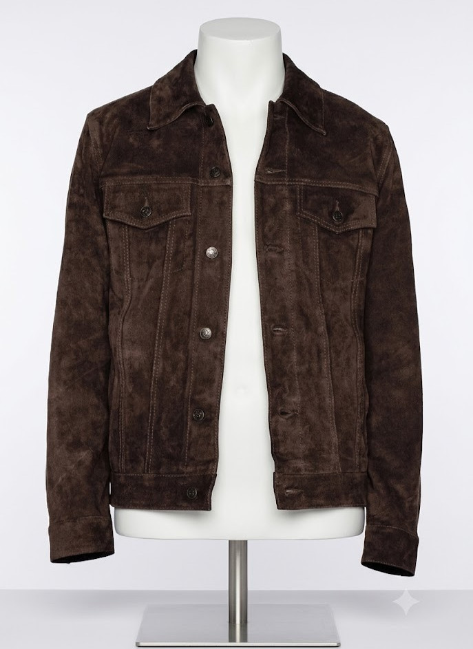 Men’s Real Suede Leather Dark Brown Trucker Jacket Denim Style Classic