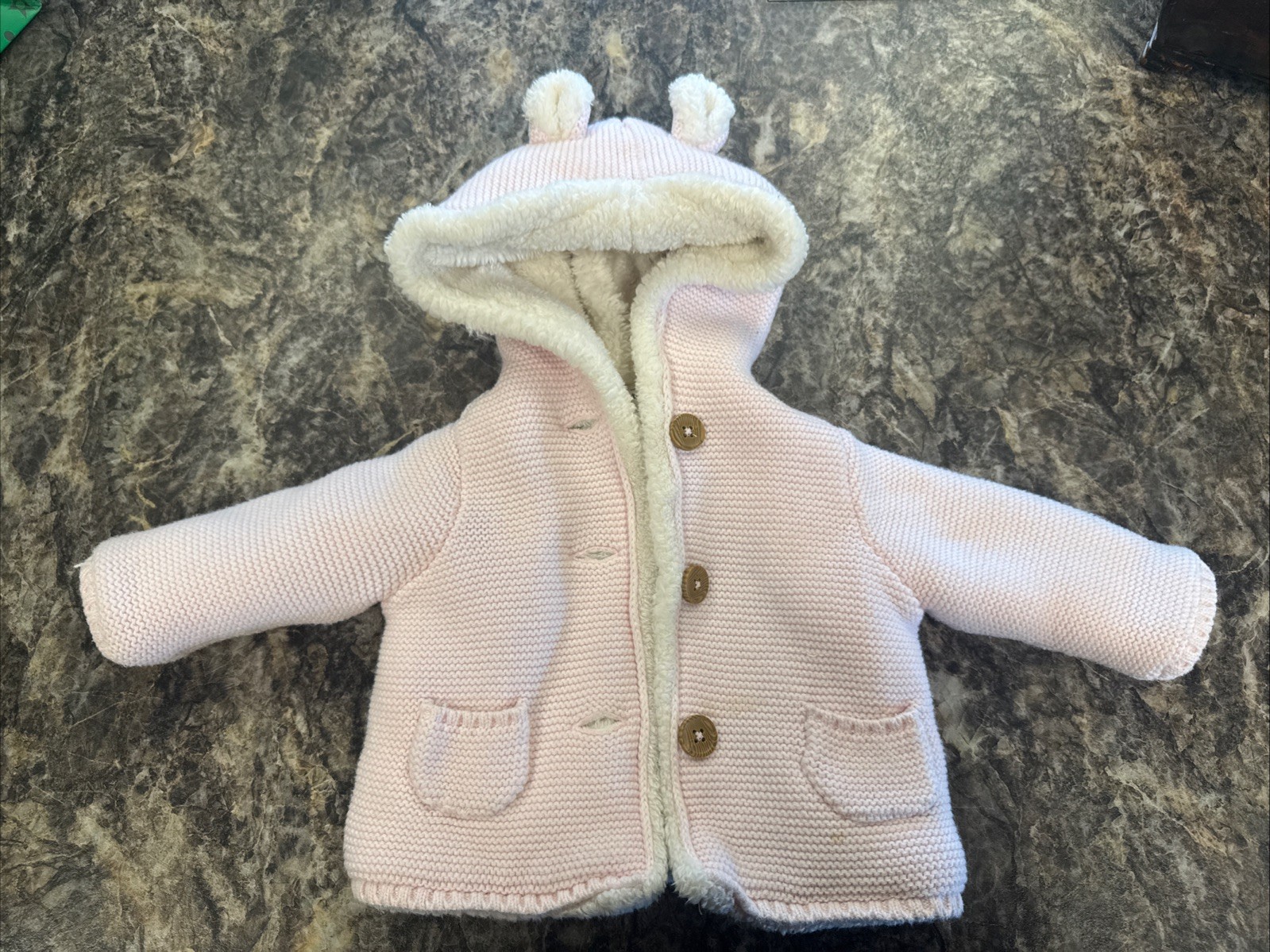 “carter’s” 3 Month Pink & White Knitted A Sharpa Fur Coat Hood *Stain