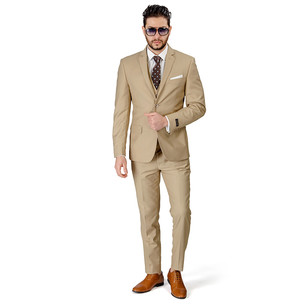 Tan Beige Slim Fit Men Suit 2 Button Notch Lapel Azar Man Vest Optional 4030-10