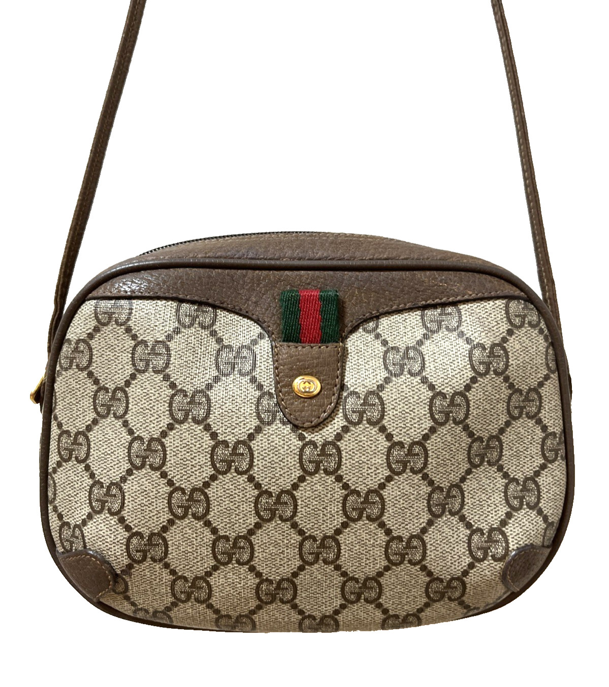 Vintage GUCCI Shoulder Bag Sherry Line GG Supreme Crossbody Brown Beige PVC Auth