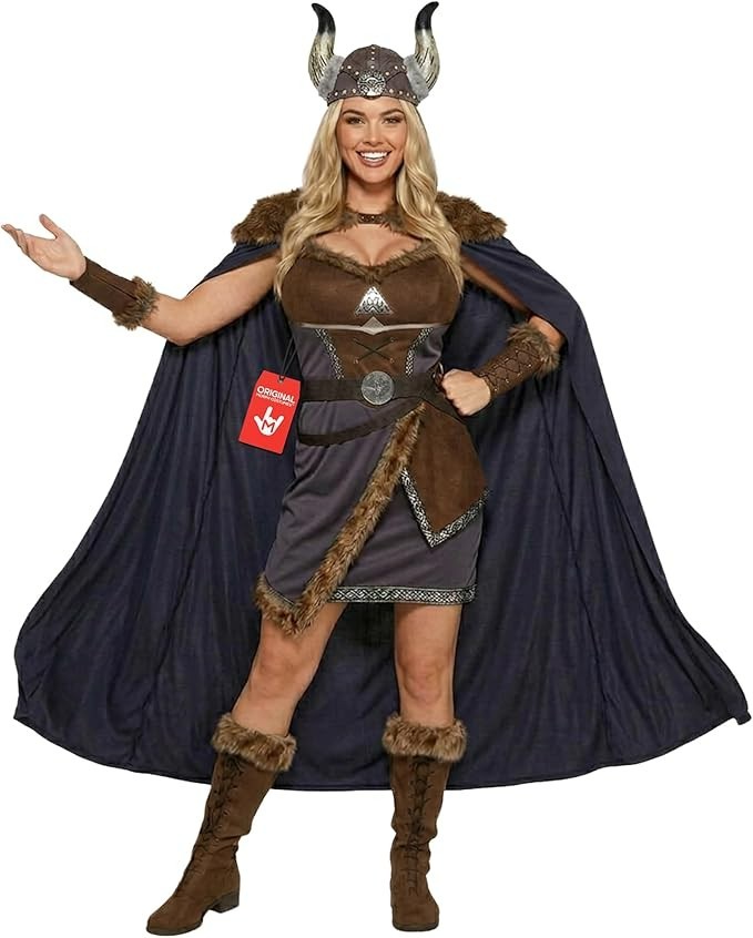 Morph Women`s Viking Costume Nordic Maiden Barbarian Warrior Dress + Helmet Cape