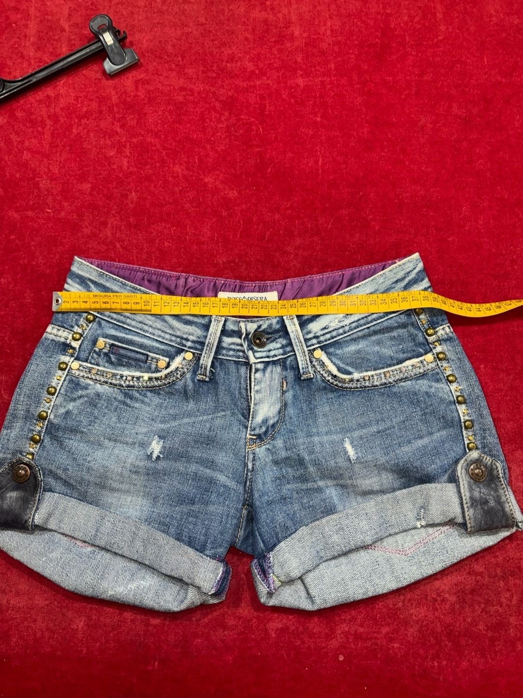 Rossodisera Low Rise Distressed Denim Studded Shorts with Zipper Pockets