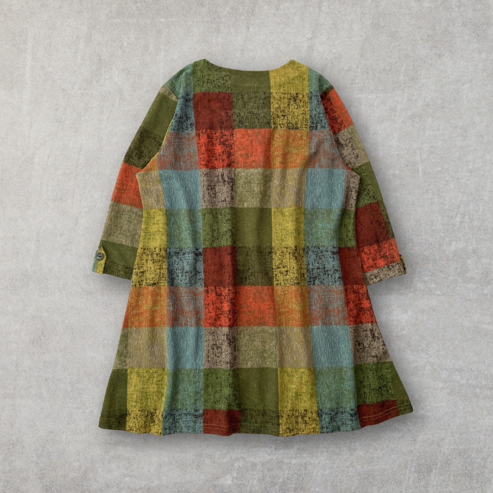 Boho Patchwork Style Plaid Tunic Top 3/4 Sleeve Key Neck Multi Color Loose Fit