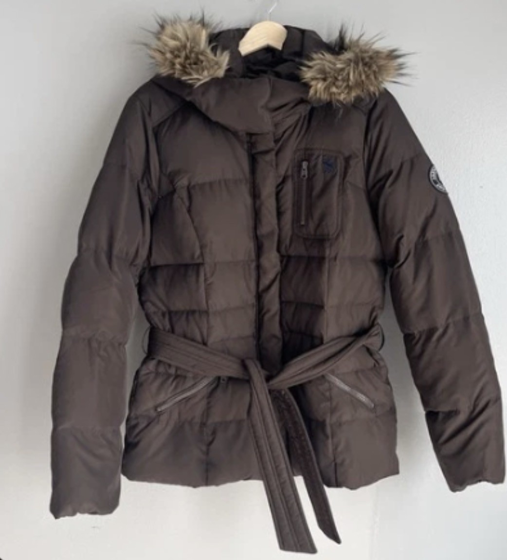 Abercrombie & Fitch Down Puffer Jacket Coat Belted Brown Faux Fur Hood Large
