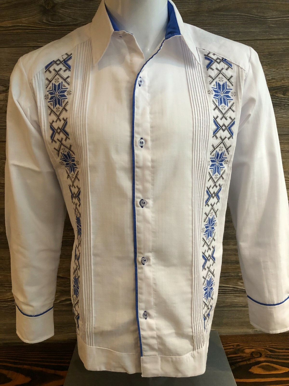 Mexican Mens Wedding Guayabera Shirt Long Sleeve Elegant Royal Blue Embroidery