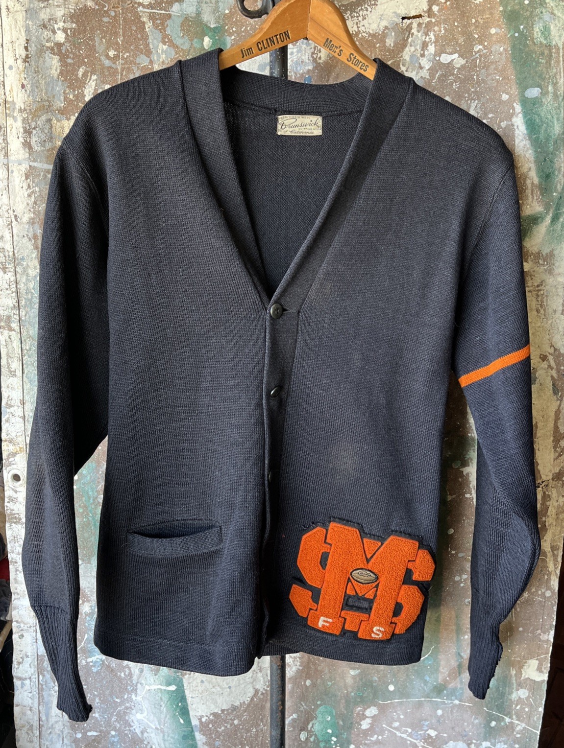 Vintage 1950’s Brunswick California School Black Cardigan Sweater Football S/M