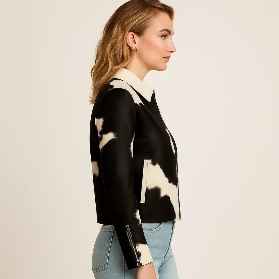 Genuine Hair On Cowhide Leather Jacket Women Handmade Black White Brown