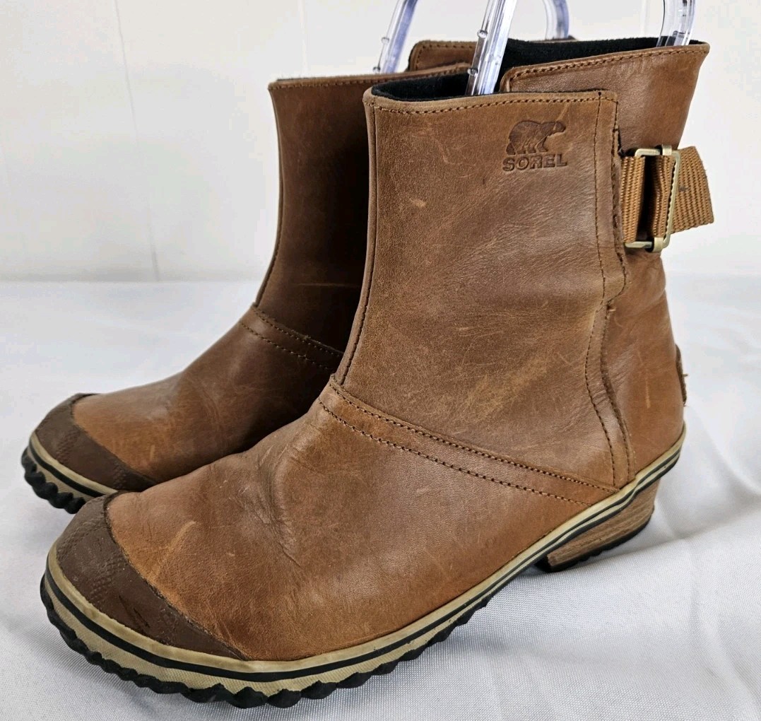 SOREL SLIMBOOT SHORTY TAN LEATHER RIDING BOOTIES WOMEN’S SZ 7.5 NL2156-286 NOTE!