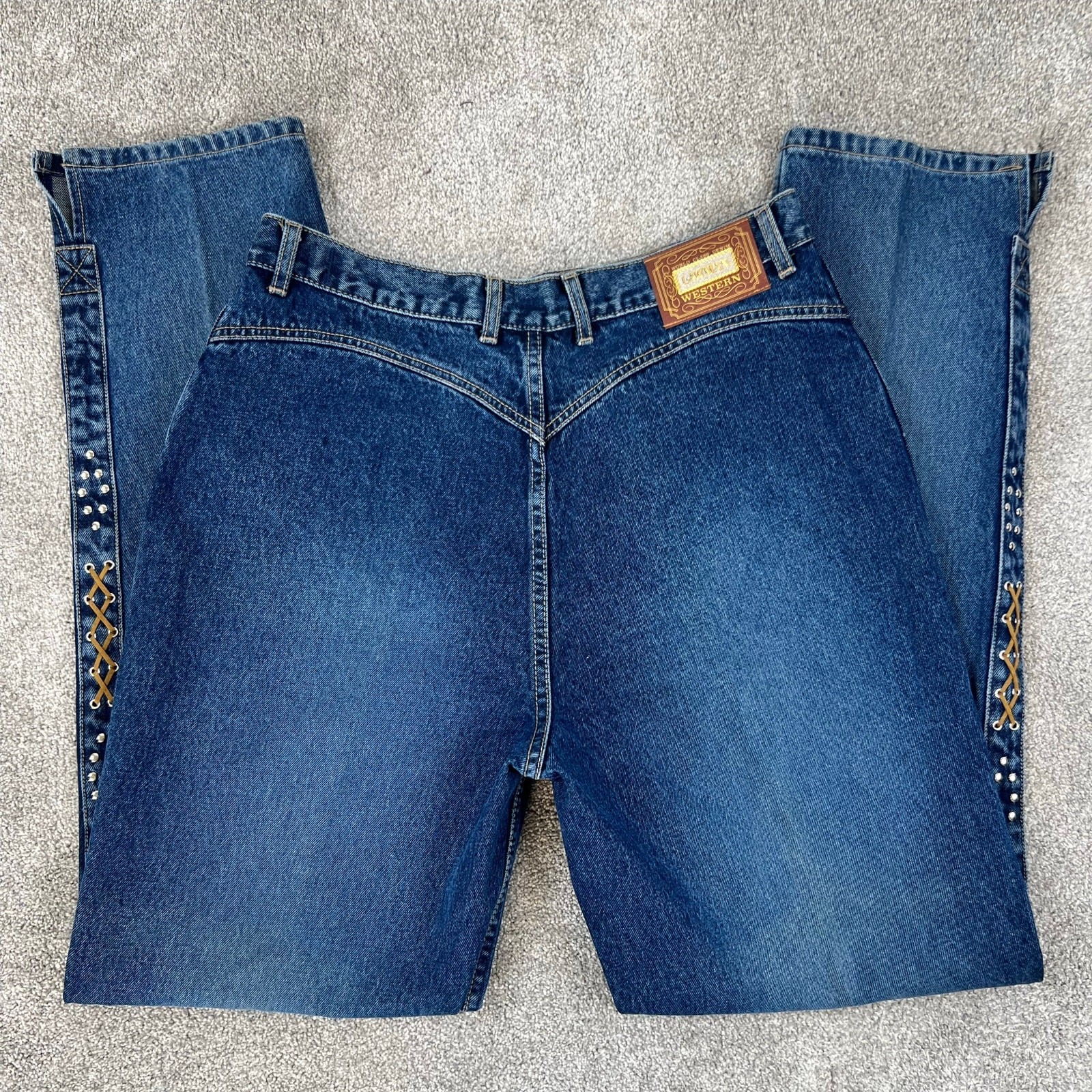 Vintage Lawman Western Bareback Studded Criss Cross Leather Denim Jeans (Sz 36)