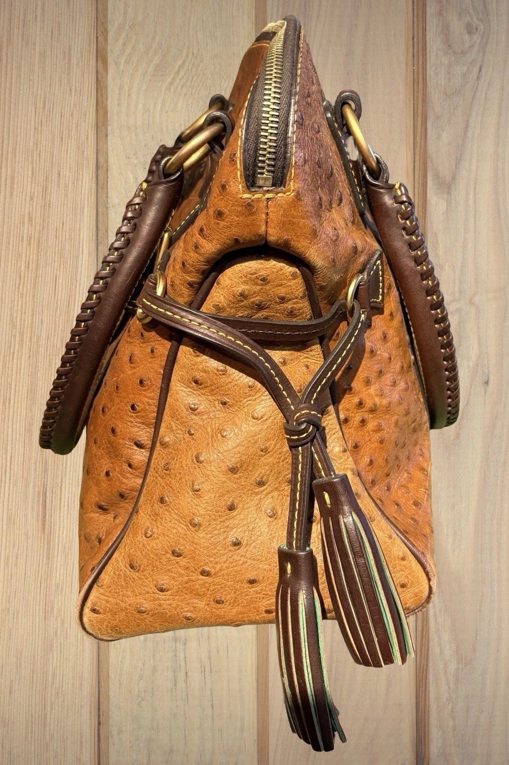 Dooney Bourke Chestnut Cognac Brown Ostrich Embossed Leather Large Satchel Bag