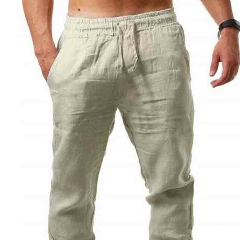 Mens Summer Linen Loose Trousers Casual Travel Beach Rope Tie Drawstring Pants