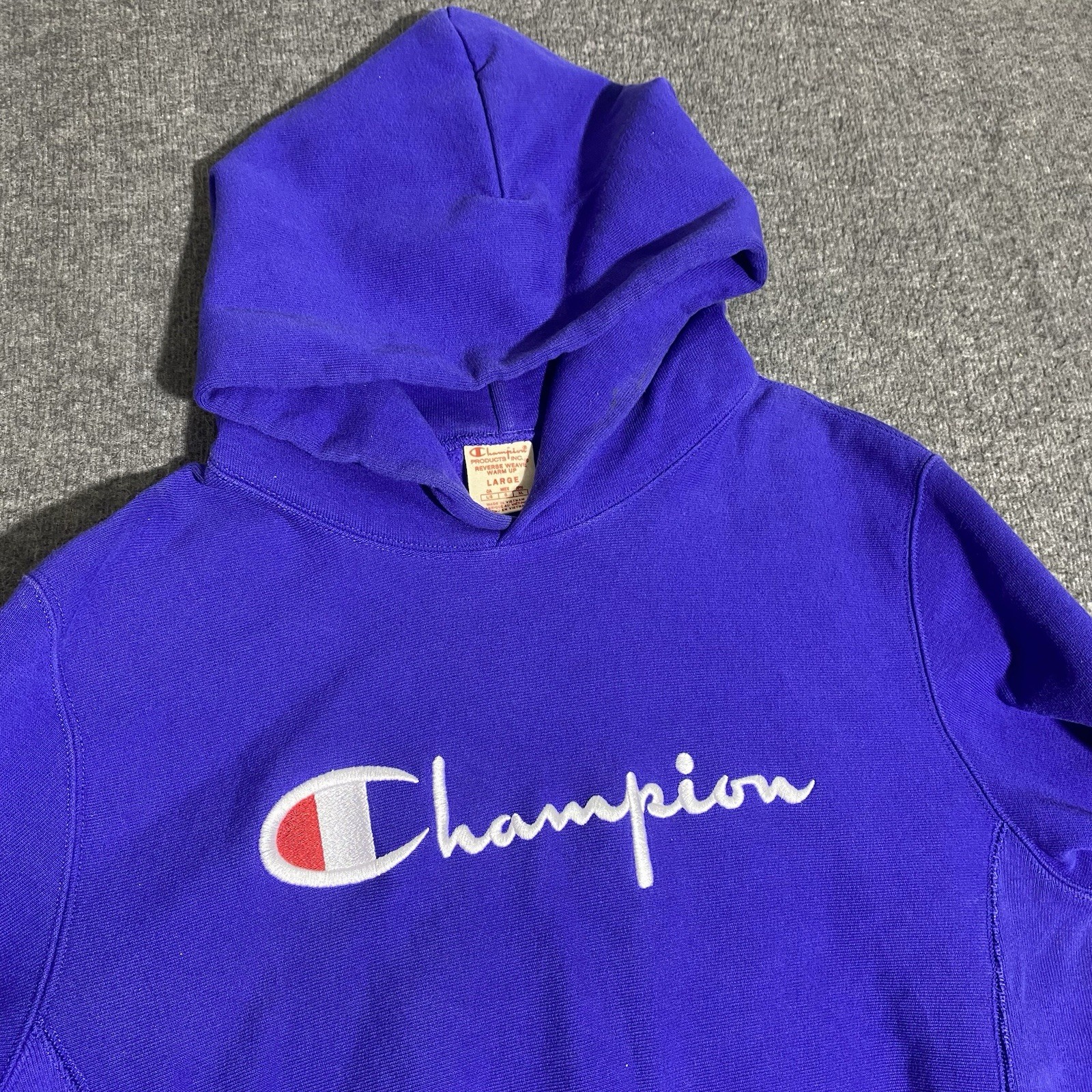Vtg Champion Reverse Weave Large Blue Embroidered Pullover Hoodie Warm Up Script