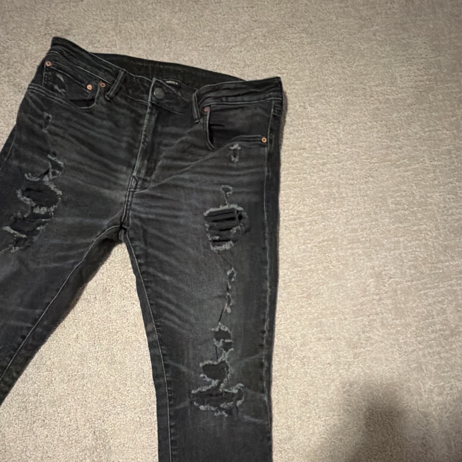 Mens American Eagle AirFlex+ Black Distressed Ripped Skinny Slim Jeans 31