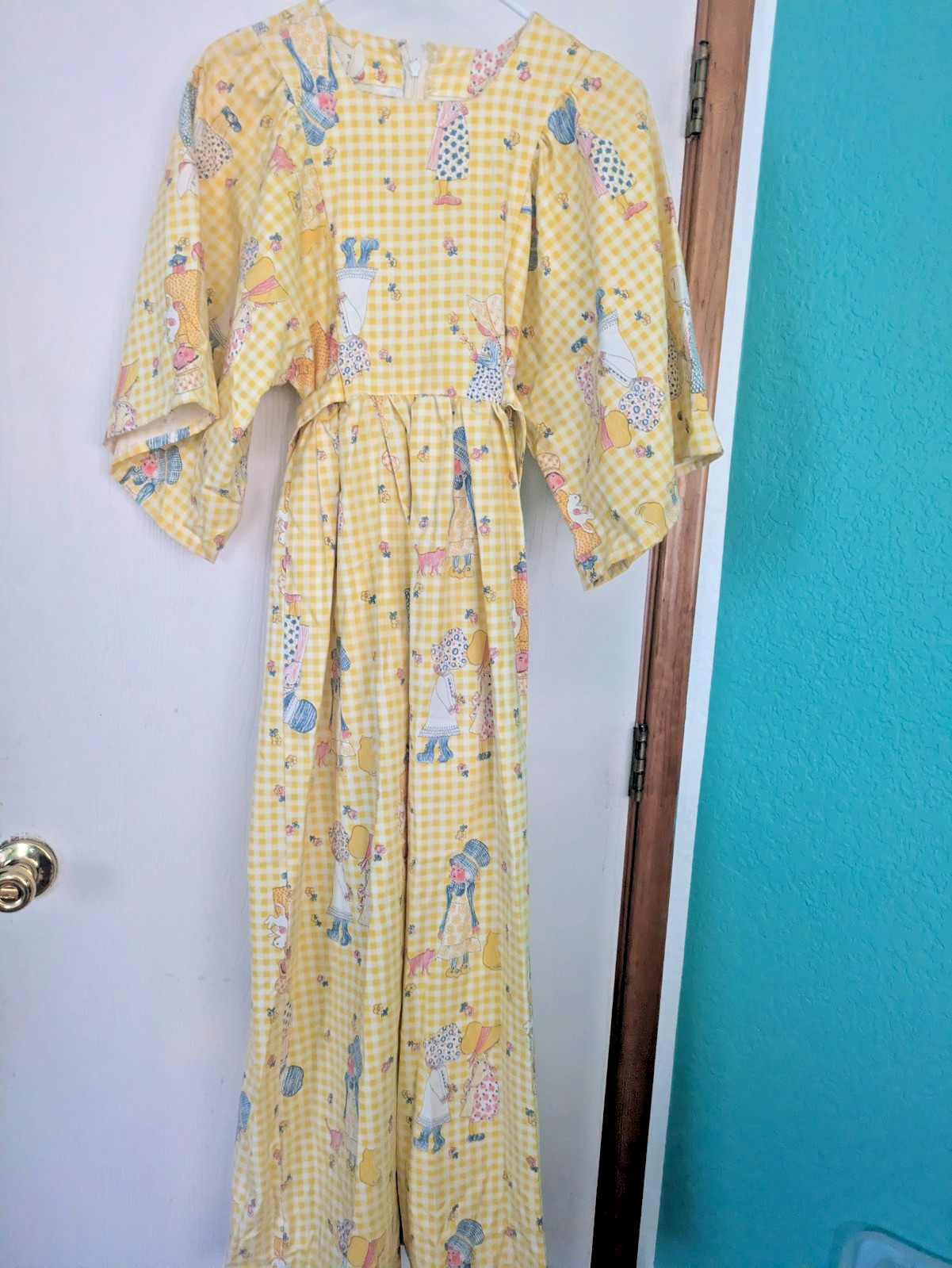 VTG 70s HomeMade Yellow Gingham Maxi Dress Holly Hobby Cottage Prairie