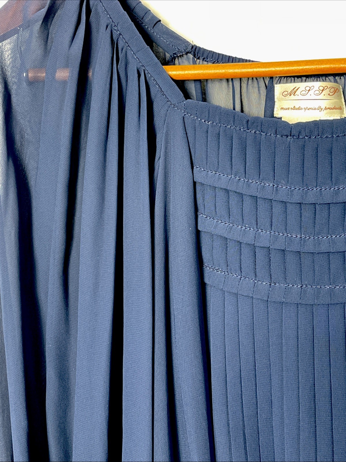 Vintage Y2K Max Studio Specialty Products S navy sheer chiffon pleated blouse