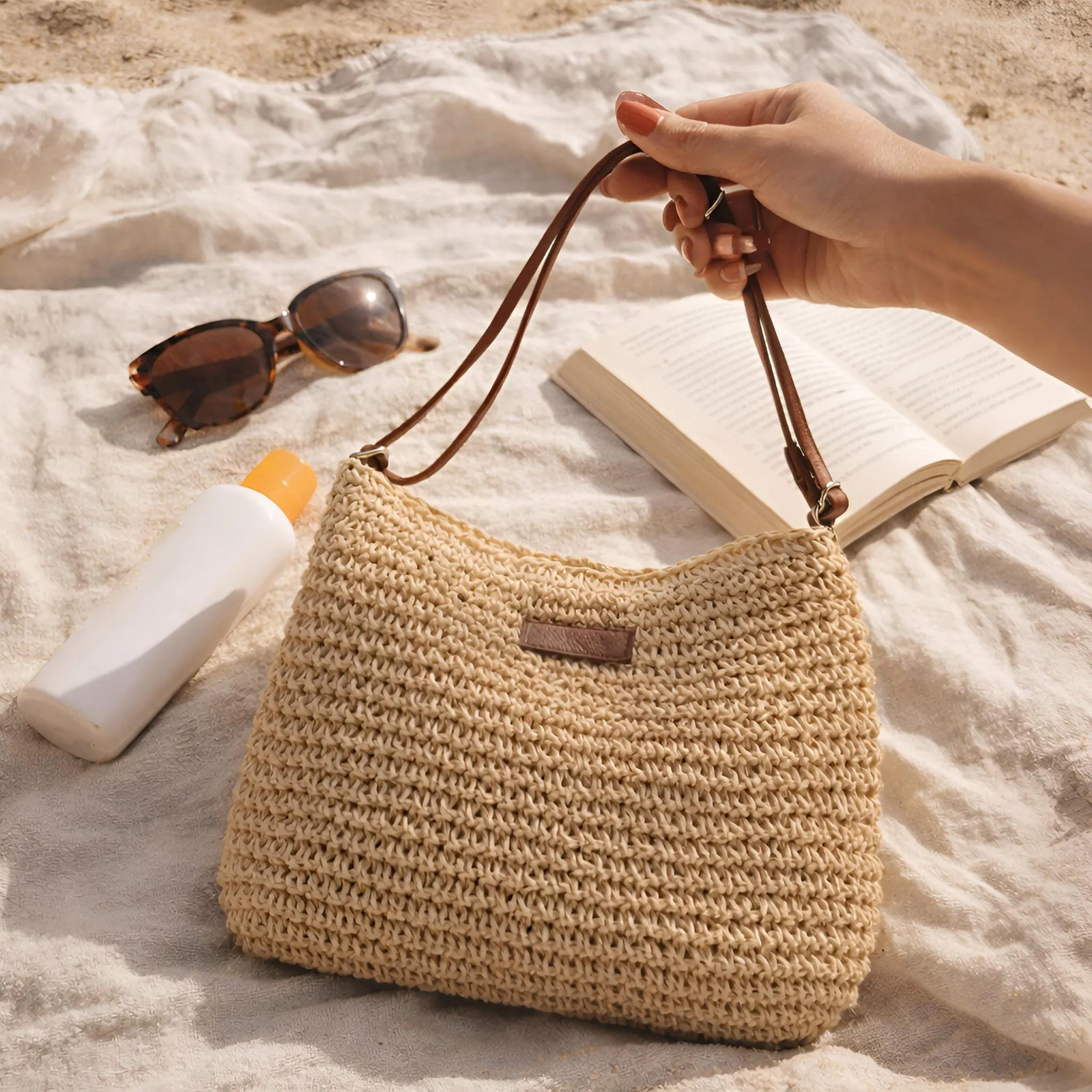 Woven Straw Tote Bag, Zipper Shoulder Purse, Minimalist Summer Vacation Bag