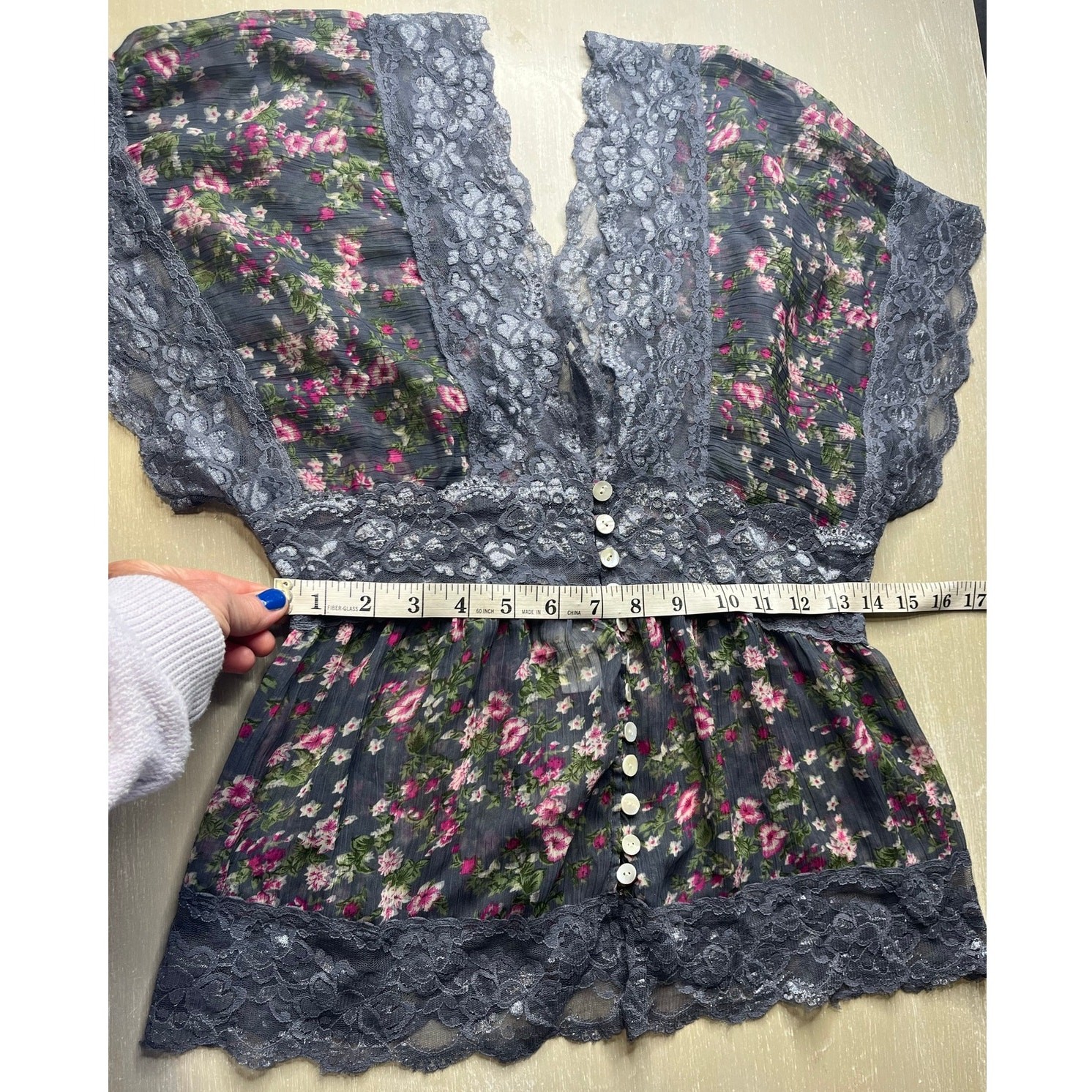 Passport Floral Sheer Boho Cottagecore Kaftan Style Blouse with Lace Trim