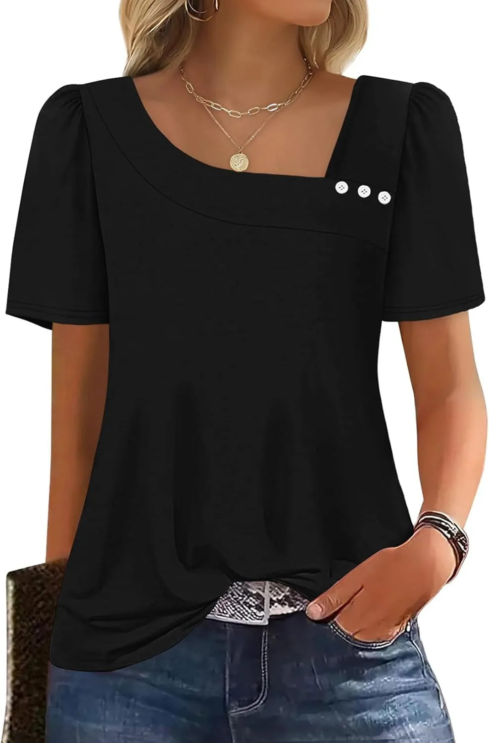 WIHOLL Womens Square Neck Short Sleeve Blouse Summer Casual Top Shirt