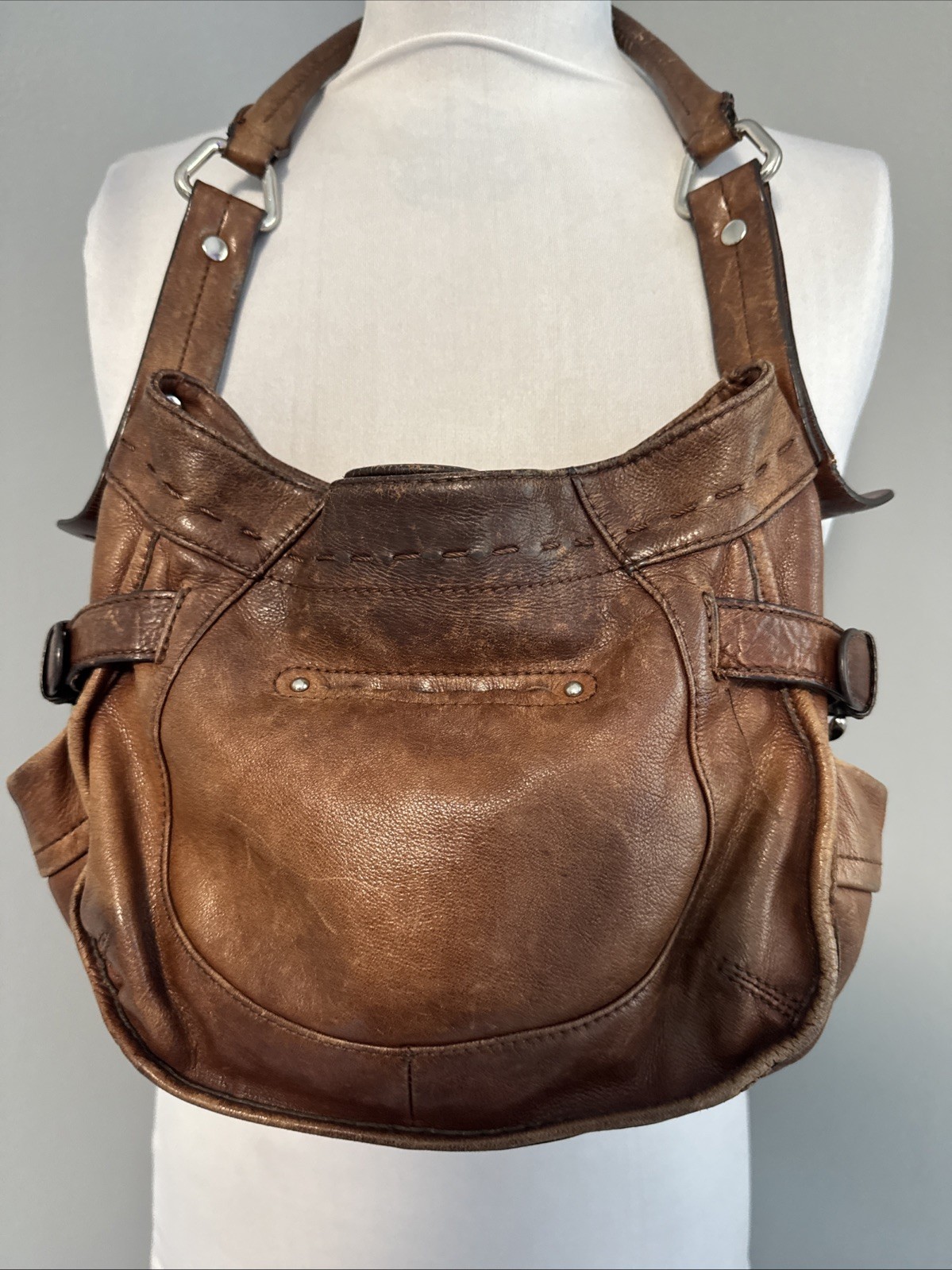 B. Makowsky Brown Leather Shoulder Bag Great Distressed Patina No Rips/Tears