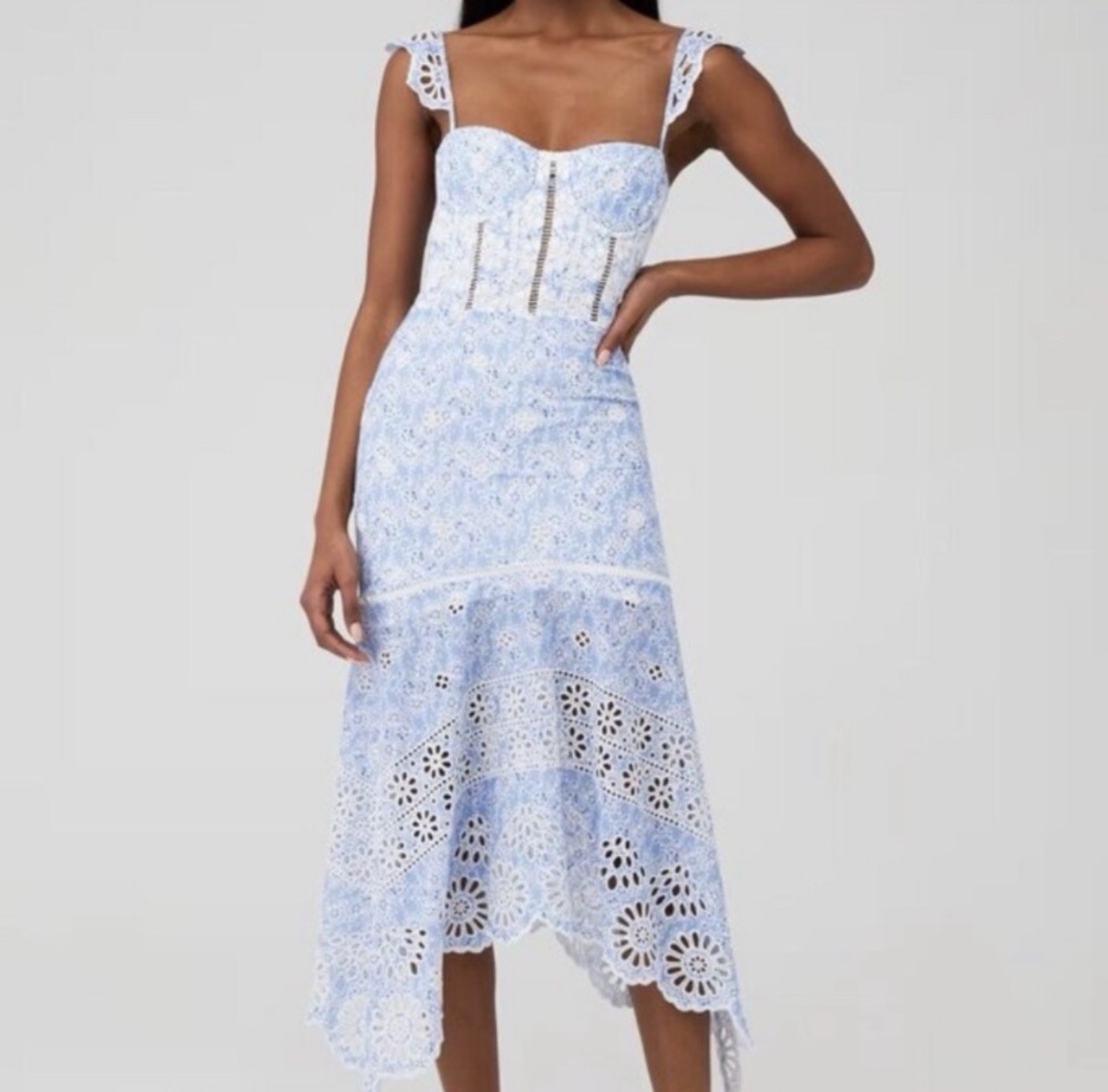 Karina Grimaldi Blue White Floral Eyelet Lace Sweetheart Lined Midi Dress S