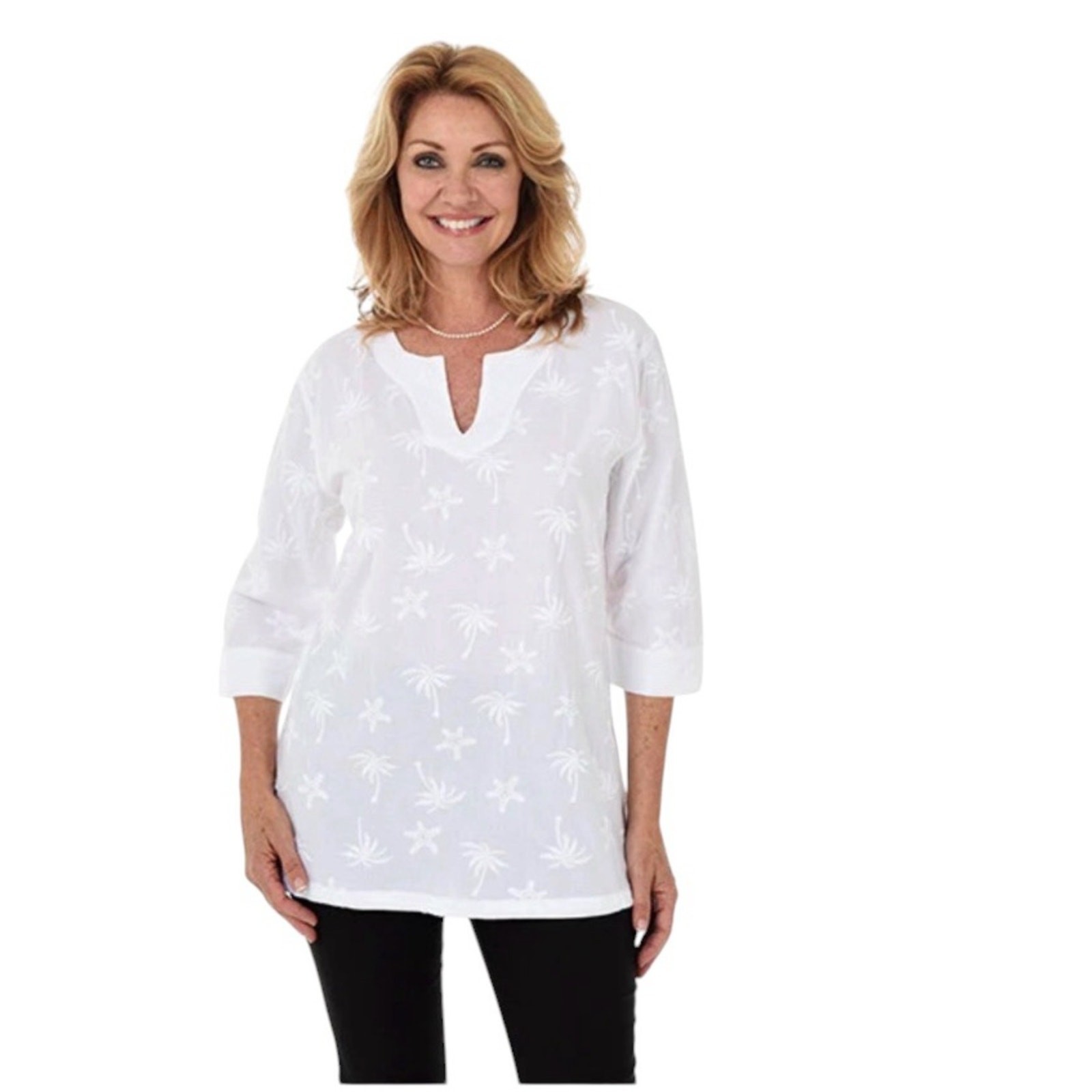 Sea Breeze White Embroidered Tunic Top Size M Palm Trees Starfish Resortwear