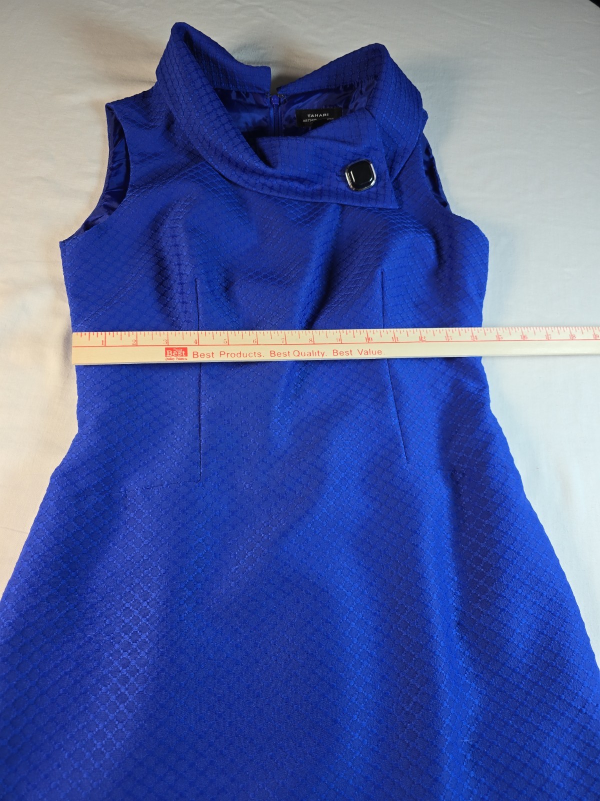 Tahari Arthur S. Levine Blue Textured Sheath Dress SQ Button Closure Size 6