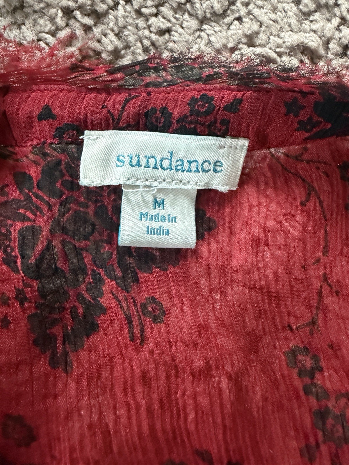 Sundance Size Medium Elodie Black Red Floral Tiered Blouse Top Button Sheer