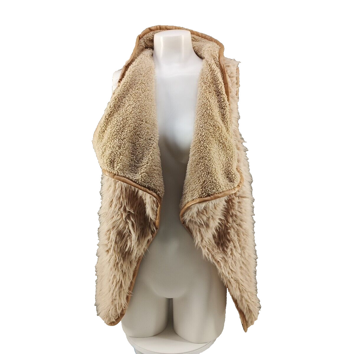 Fall Winter Women Faux Fur Teddy Vest Jacket M(8-10) Beige Faux Leather Binding