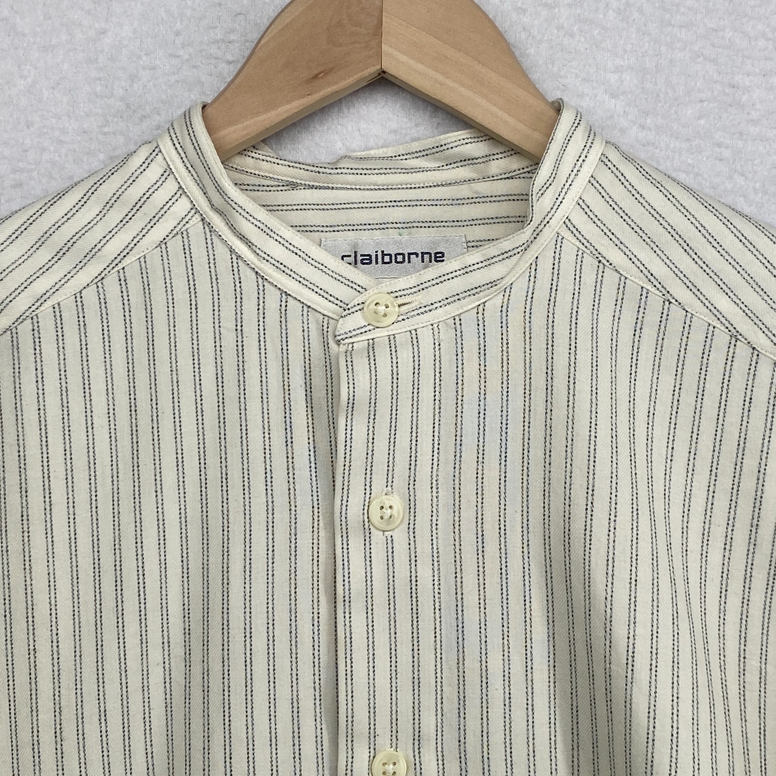 CLAIBORNE Shirt Mens M Striped Band Collar Button Up Long Sleeve Off White VTG