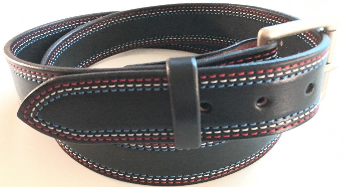 AMISH MADE WICKETT & CRAIG 1.5″ HEAVY REAL LEATHER WORK GUN RED,WHITE,BLUE BELT