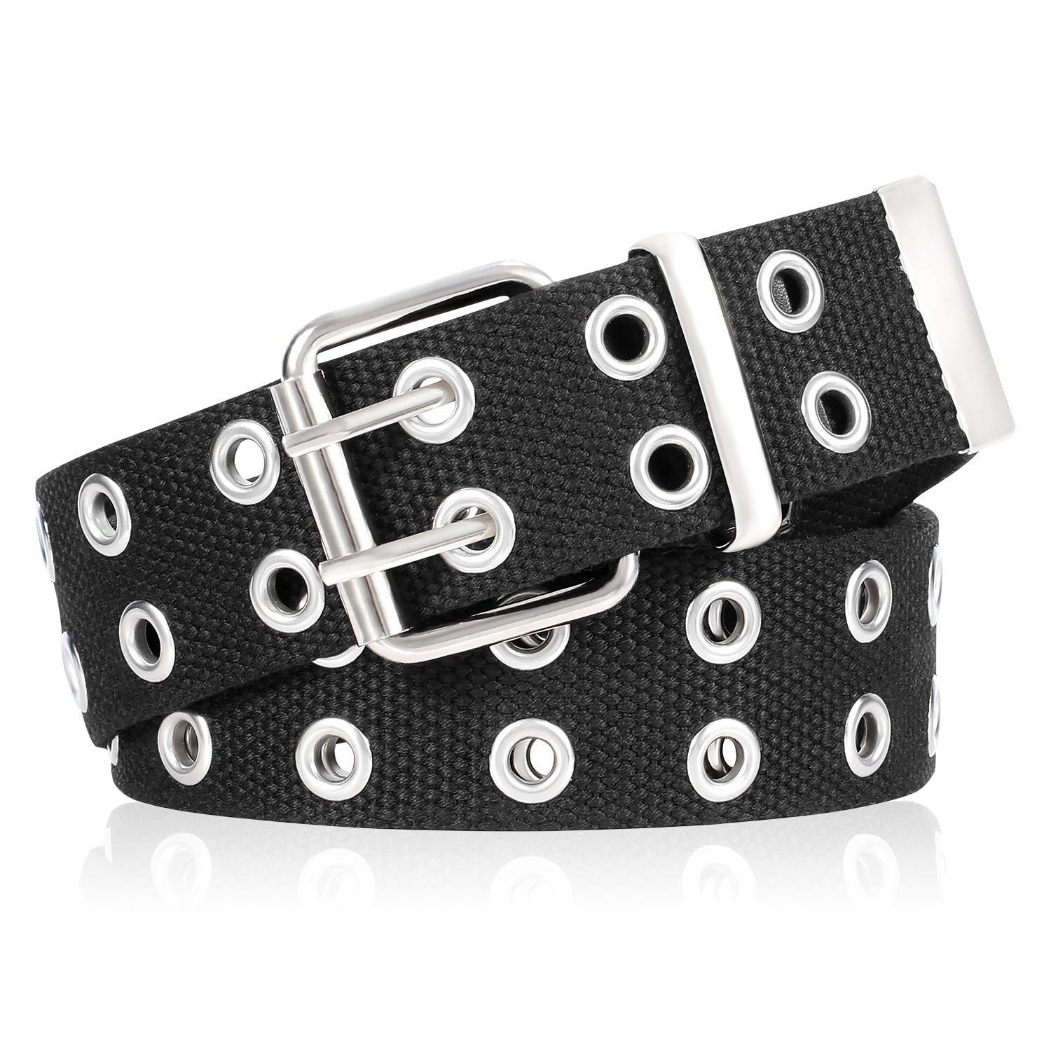 Double Grommet Canvas Belt Double Hole Cloth Nylon Fit Pants 21-34inch Black