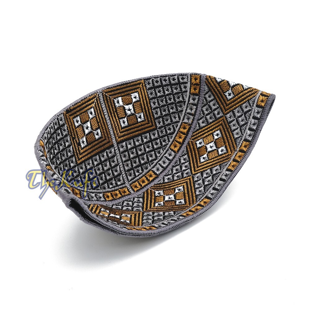 Dark Gray Rust Brown Embroidered Diamond Design Semi-rigid Pakistani-style Kufi