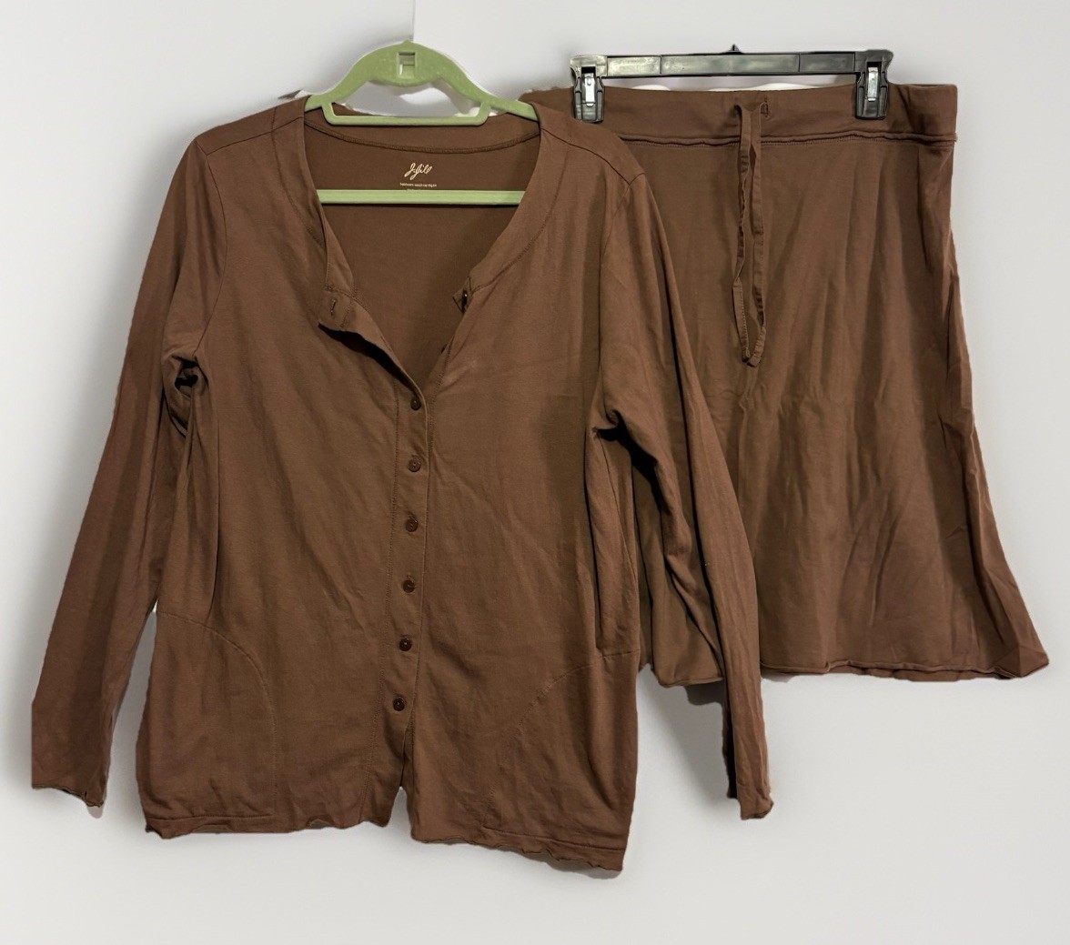 J.Jill 2 Pc Lounge Set Skirt Top Soft Knit Button Front Casual Travel Brown Med