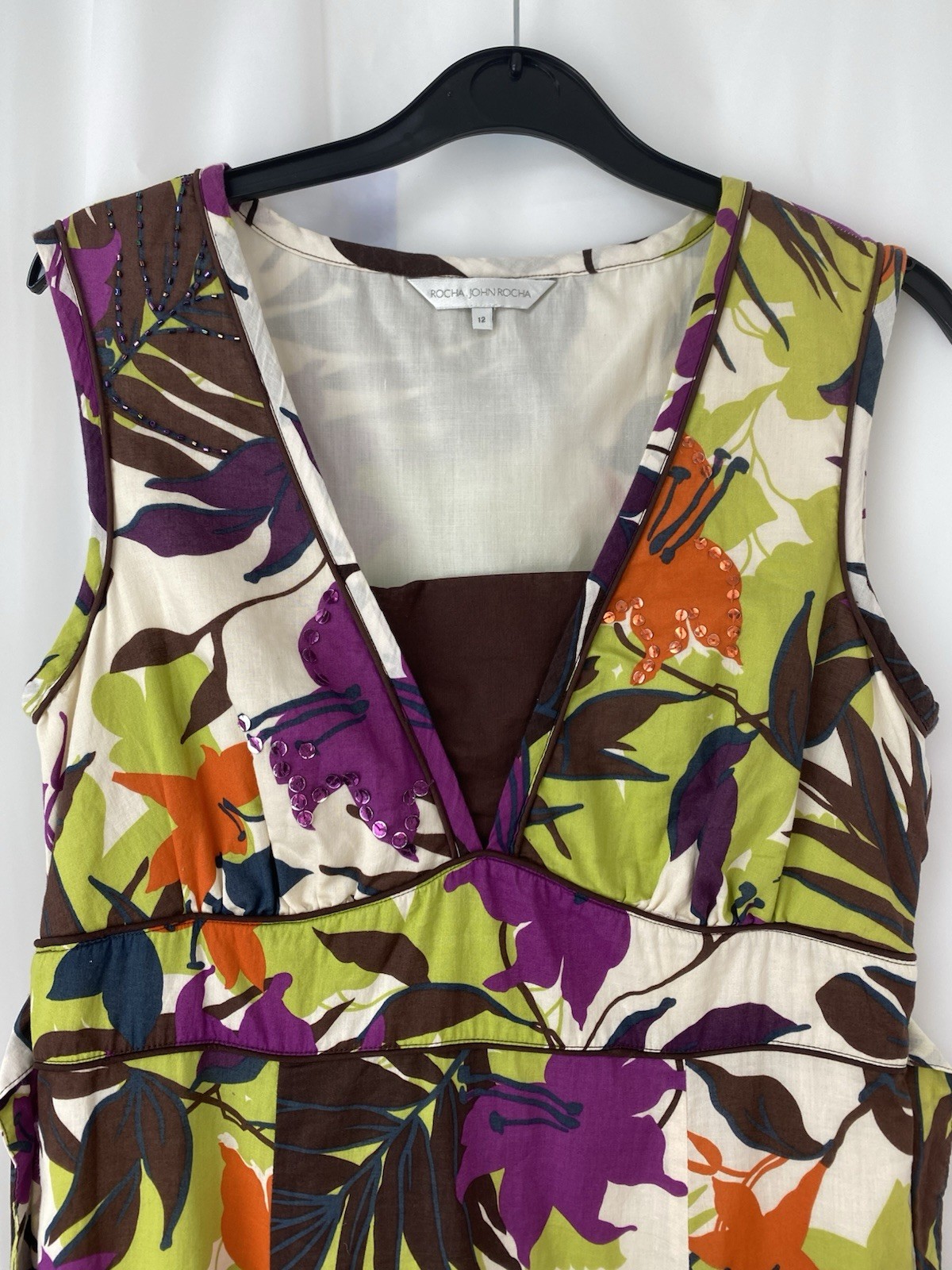 Rocha John Rocha Floral Cotton Summer Dress UK 12 V Neck Sleeveless Debenhams