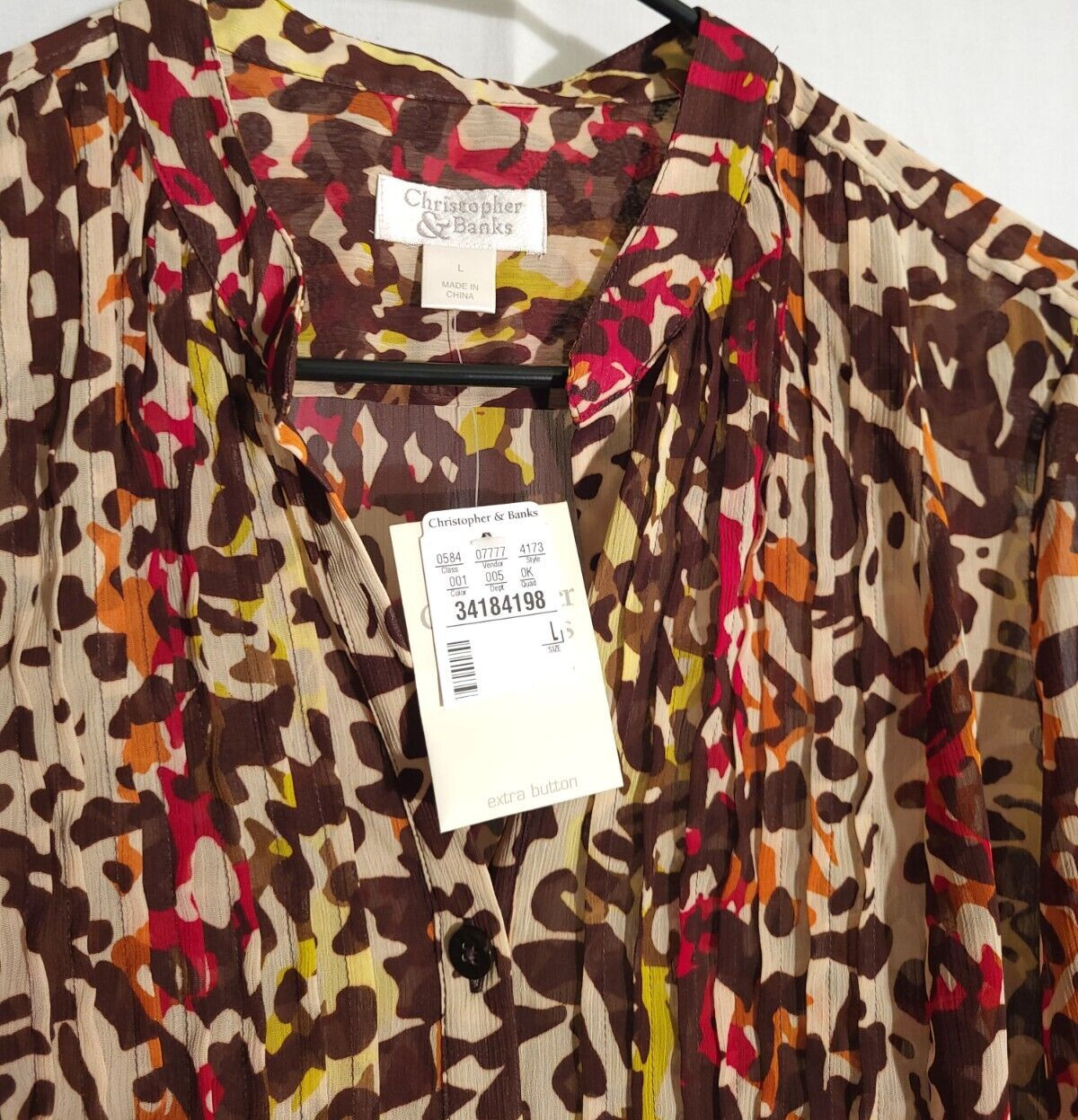 CJ Banks-NWT-Brown Tan Orange Red Animal Semi-Sheer Button Top Blouse-LARGE