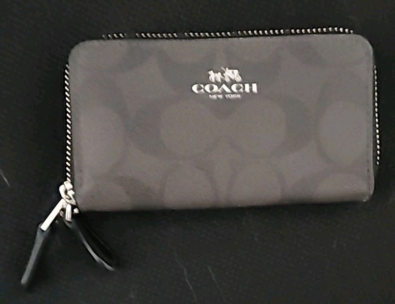 Coach Women’s Slim Double Zip Wallet – Brown pebbled leather 2.75 x 4.5 inches