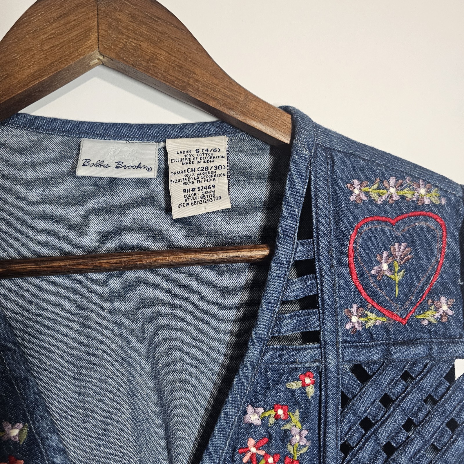 VTG 90s Bobbie Brooks Patchwork Denim Lattice Embroidered Floral Heart Vest Sm